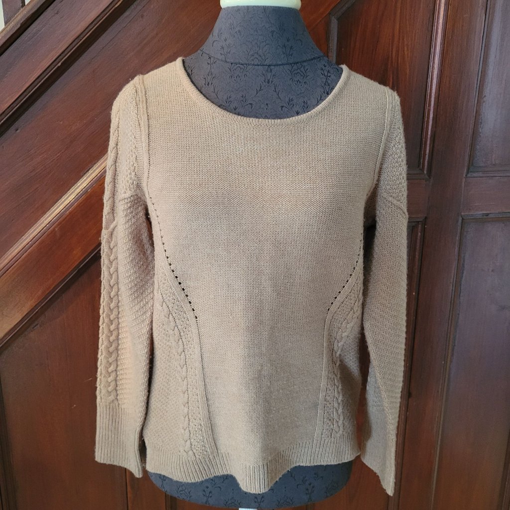 Tommy Hilfiger Womens Cable Knit Sweater M Tan Wool Blend